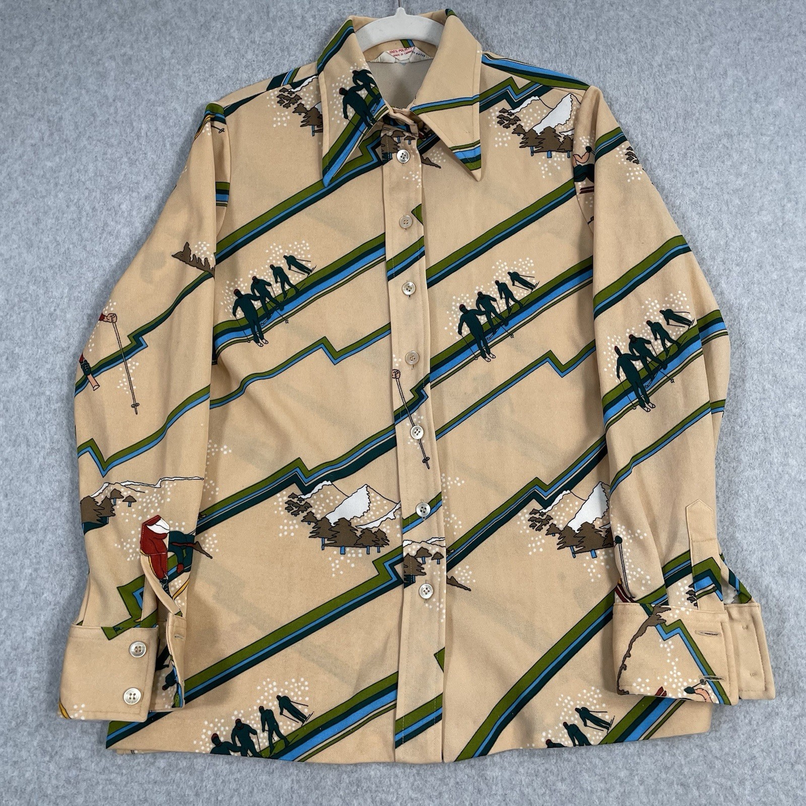 VTG 70s 80s Lady Manhattan Shirt Womens Sz 16 19×26 Skiing Snowboarding Art USA