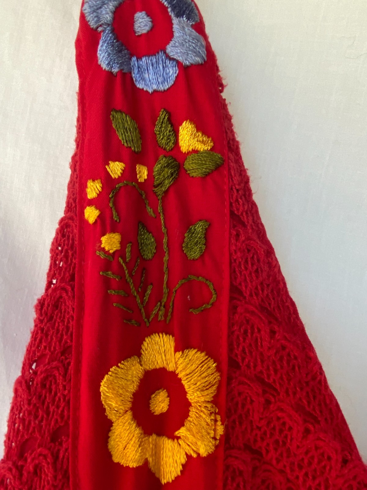 Vintage 1980s Red Boho Harem Jumpsuit Embroidered Floral Lace Halter Romper XL