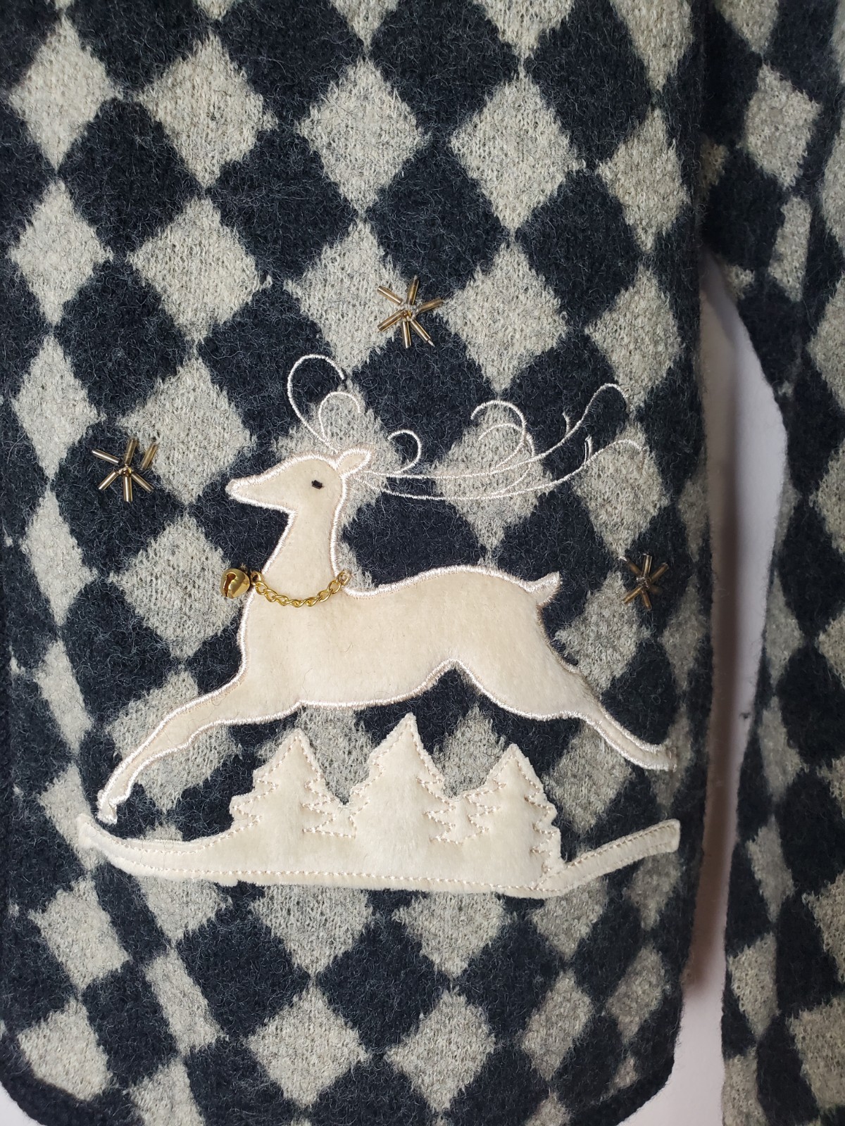 Vintage Lisa Boiled Wool Diamond Reindeer Fur Collar Medium Christmas Sweater