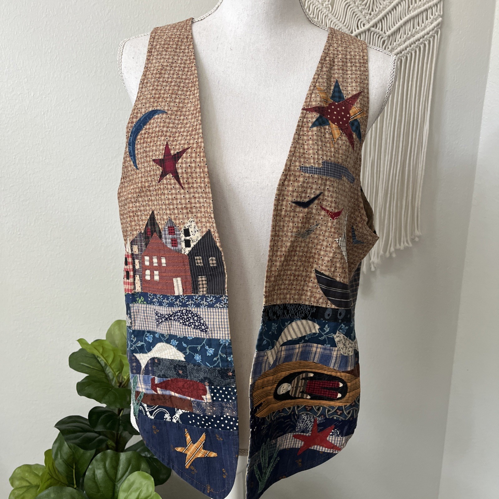 Vtg shoreline applique vest reversible 90s primitive cottagecore grandmacore L