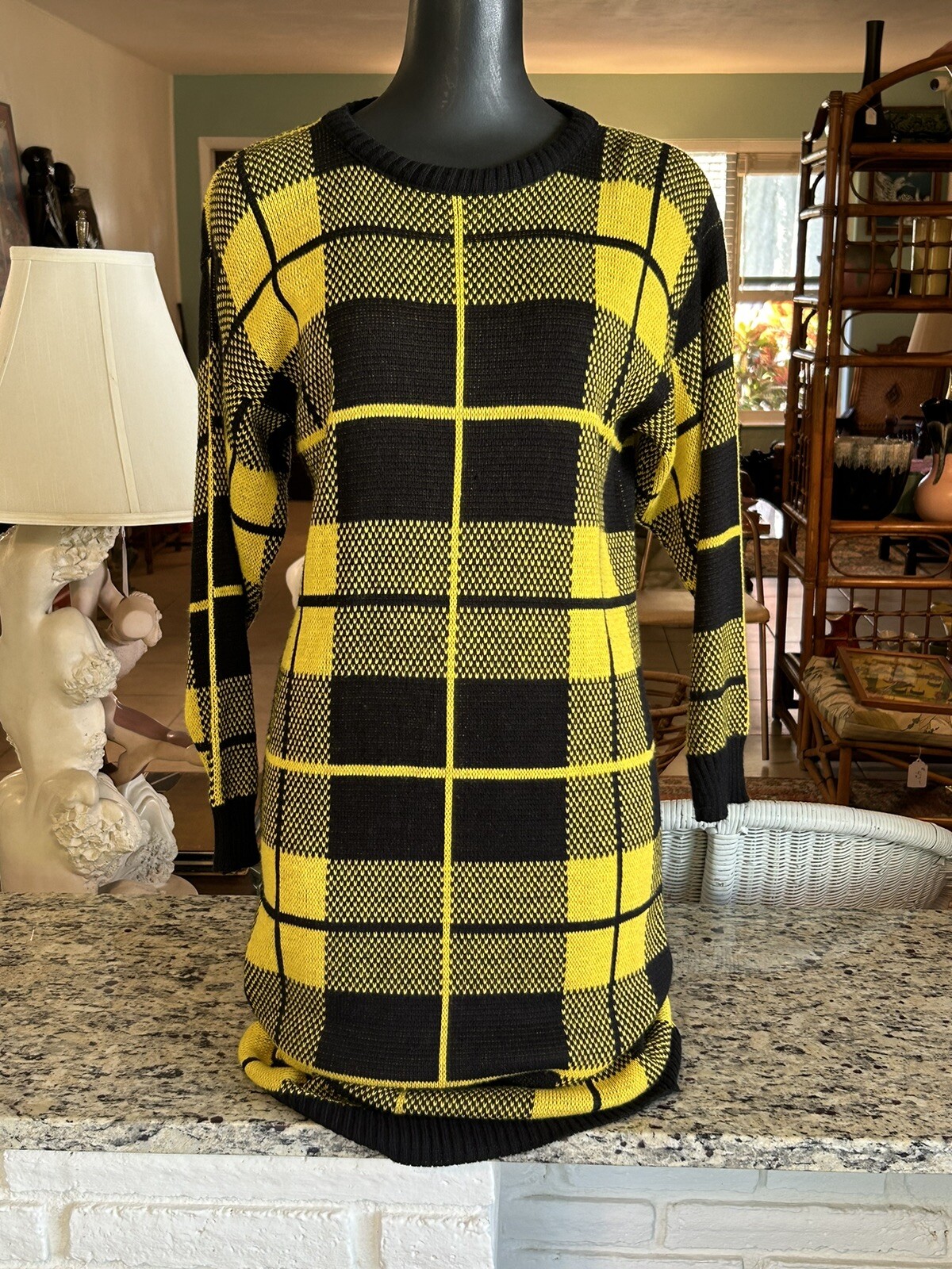 Vintage 80s 90s Wiz Halmode Co. Bright Yellow Black Plaid Sweater Dress M Club
