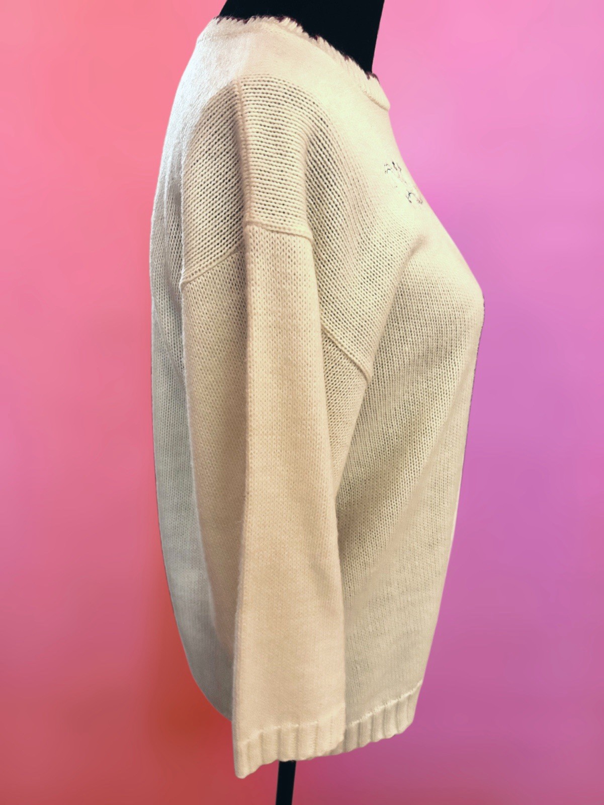 Vintage 1970s Nan Dorsey Cream Acrylic Knit Sweater Flower Embroidery – Medium