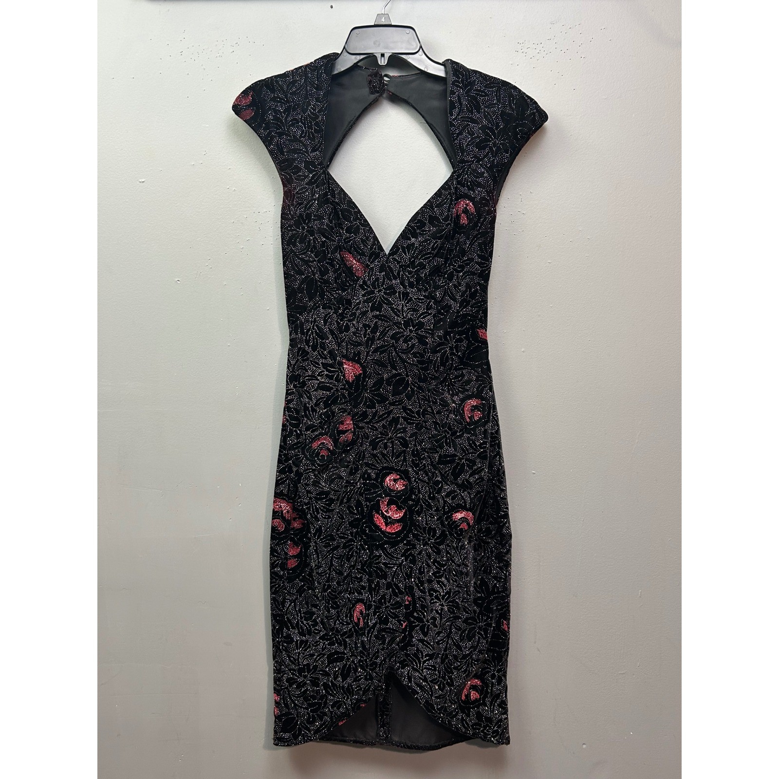 Climax Karen Okada Dress Womens 9/10 Black Pink Glitter Floral Keyhole Back USA