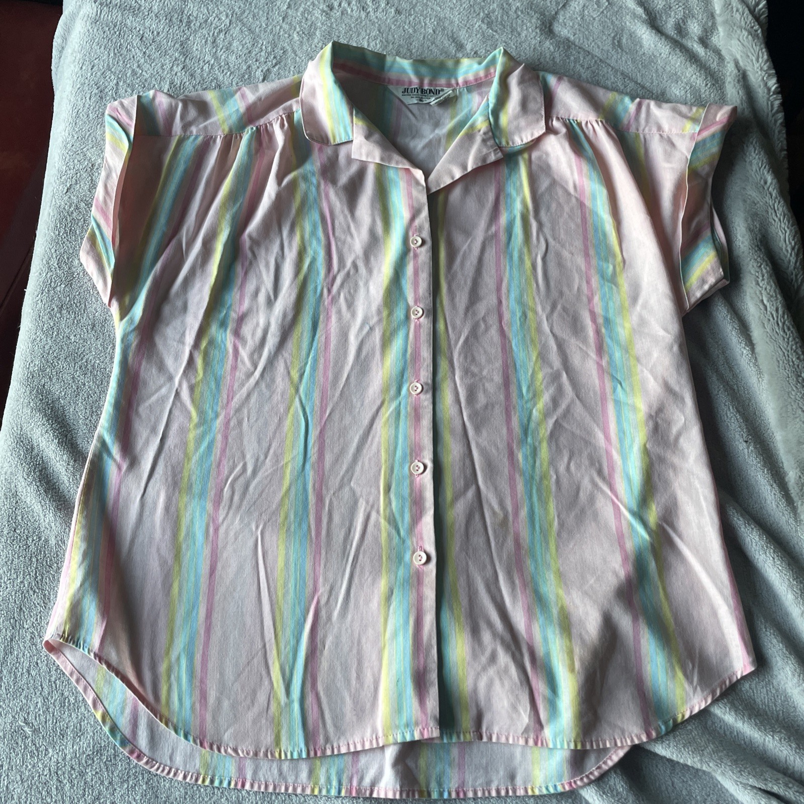 Vintage Pink/yellow /blue Striped Judy Bond Blouse Sz 16 Secretary Blouse