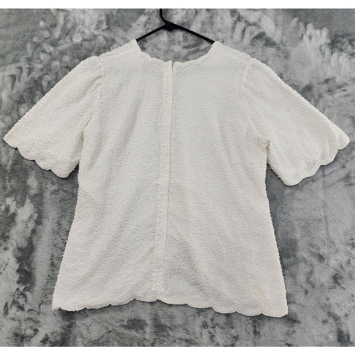 Vintage 80s Creative Touch Top Womens M White Blue Beaded Butterfly Scalloped