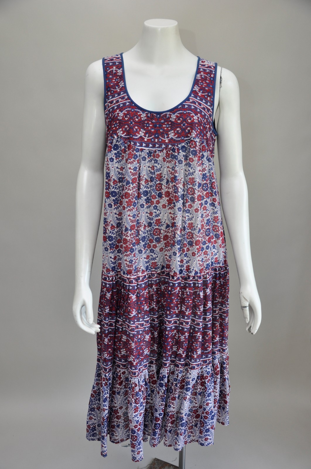 Vintage 1970s Red & Blue Floral Print Indian Cotton Tank Shift Dress Boho Hippie