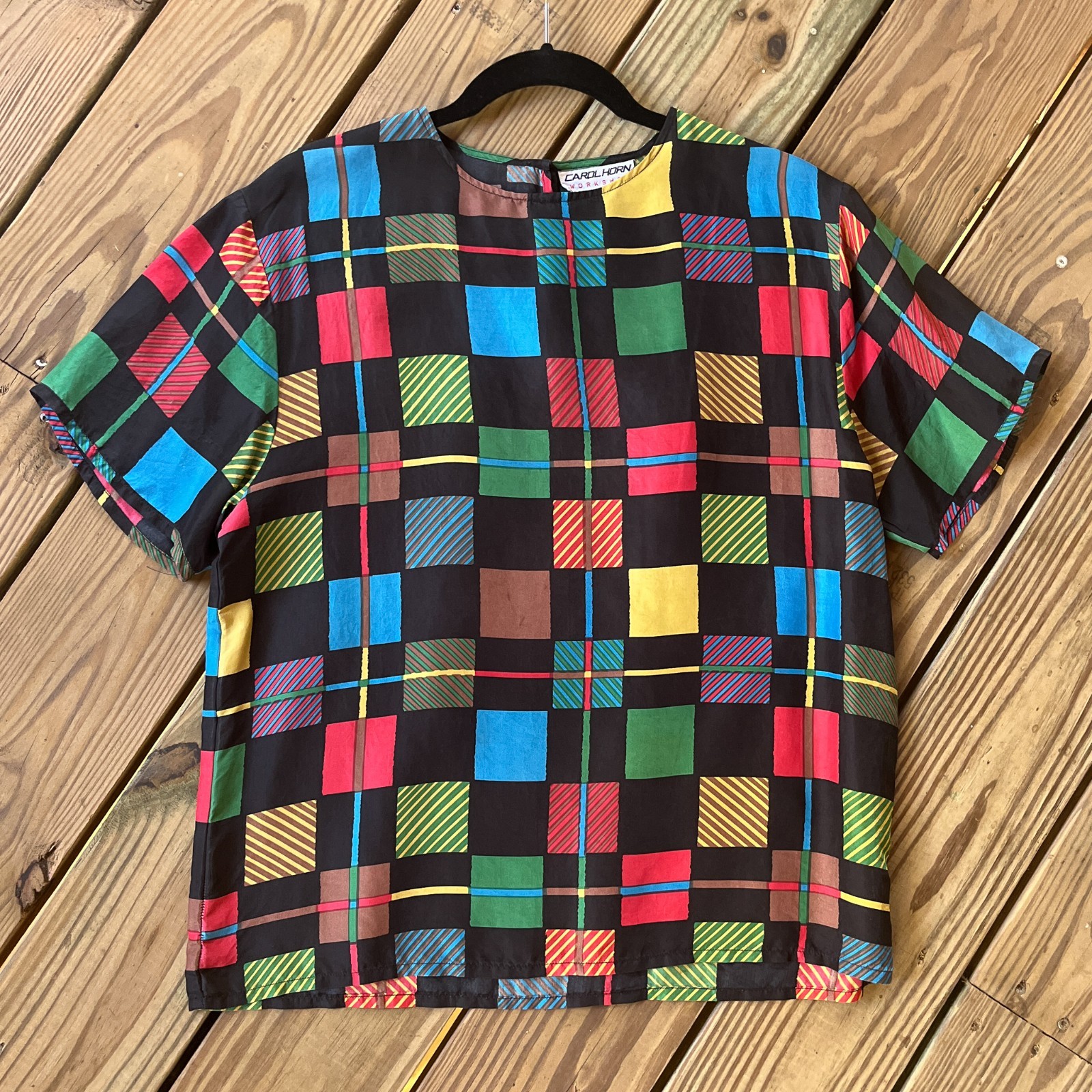 Vintage 1980s Carol Horn Workshop Silk Plaid Graphic Print Blouse Retro Top