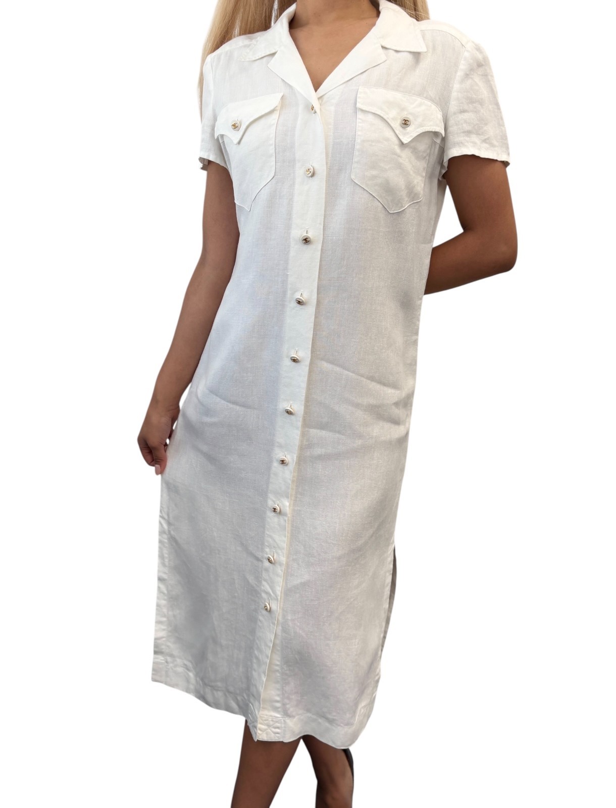 CHANEL Vintage 97P CC Logo Button Linen Shirt Dress One-piece #38 White