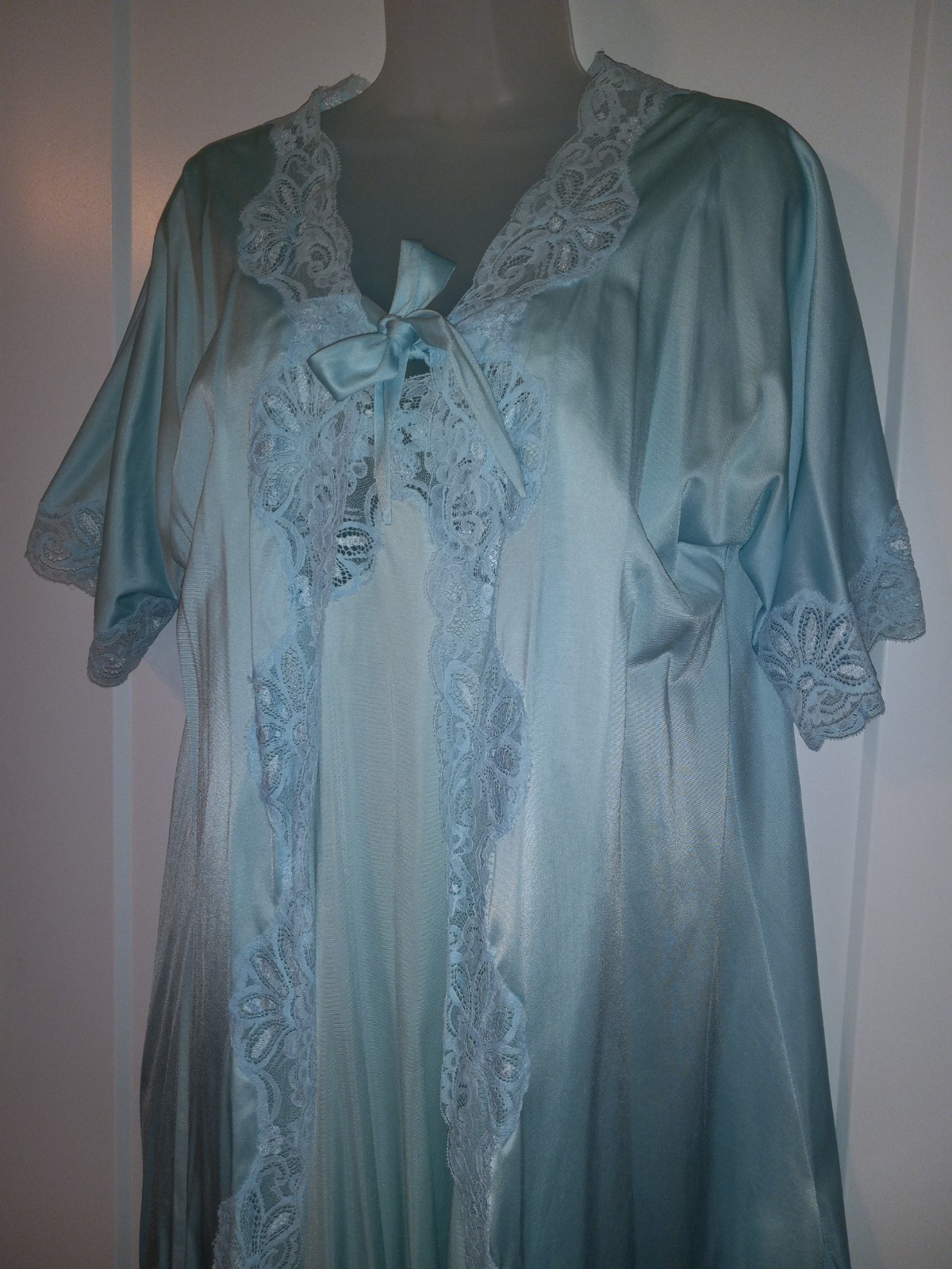 Vintage Shadowline Baby Blue Silky Nylon Lace Nighty Peignoir Lingerie Set S/M