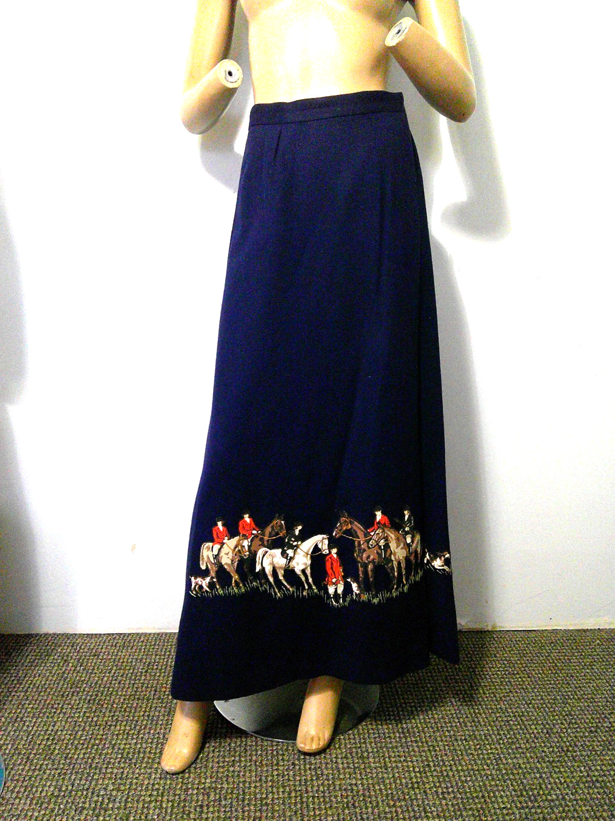 Vtg 70’s Equestrian English Riding Fox Hunt Applique Navy Wool Wrap Maxi Skirt S
