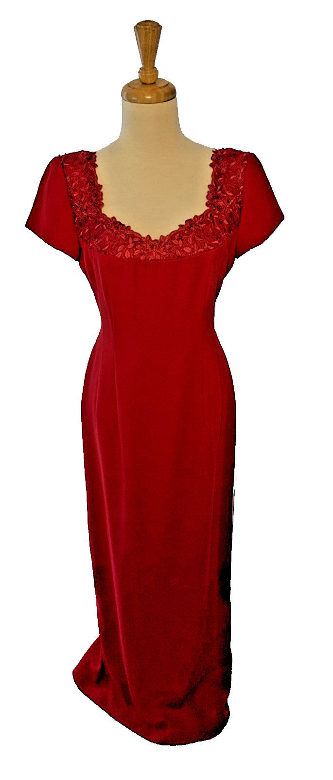 Vintage 90s Donna Morgan Red Cap Sleeve Maxi Sheath Gown Lace Trim Neck Sz 4