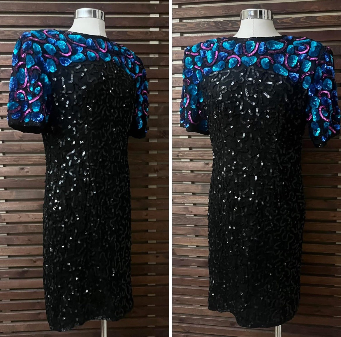 Vintage 1980s Silk Black Pink Green Sequin Short Sleeve Laurence Kazar Dress XL