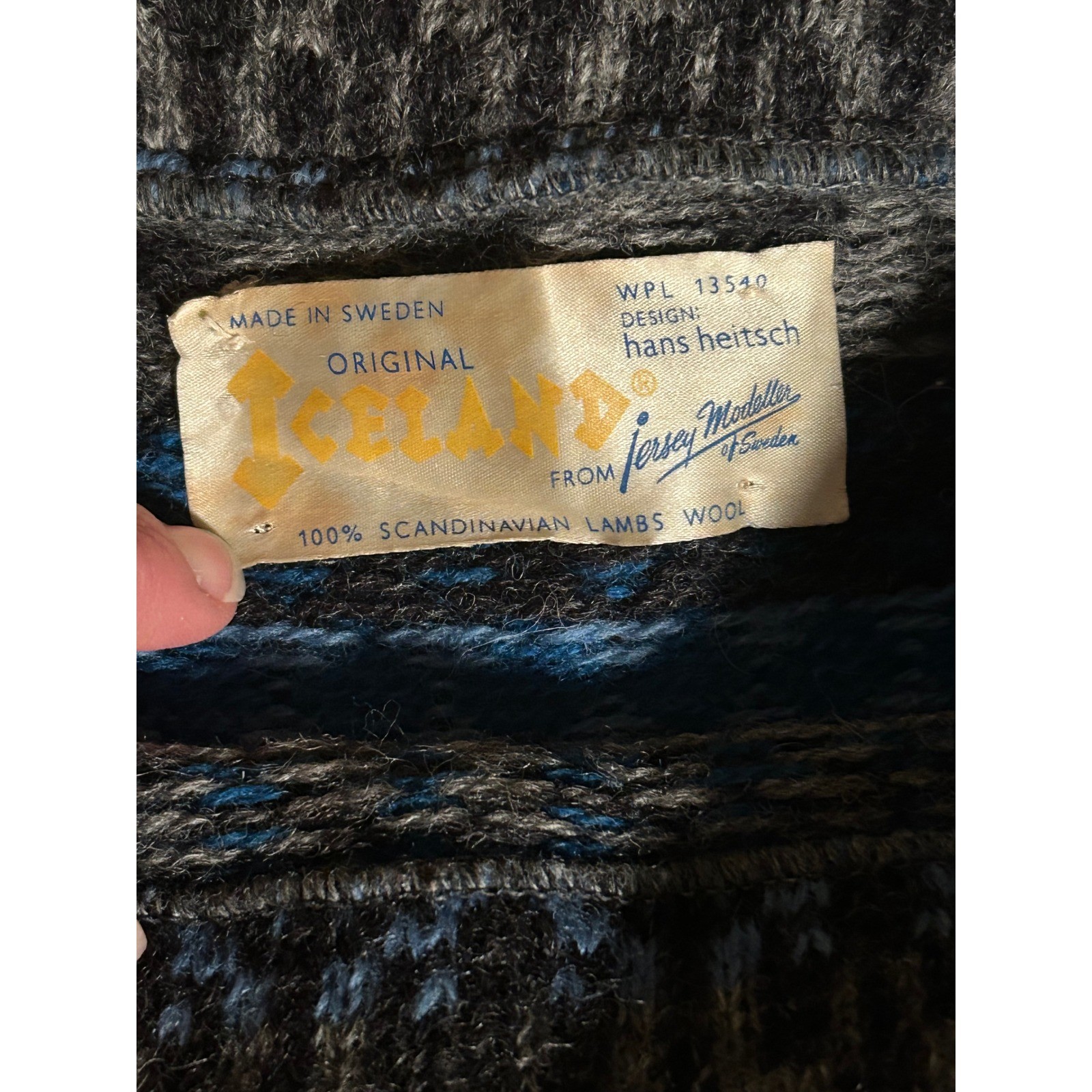Vintage 60s Iceland 100% Wool Blue Sweater Sweden Fair Isle Unisex Size 42 L