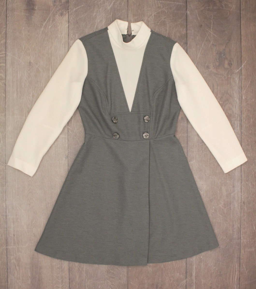 VTG Women’s 60s Gray & White Long Sleeve Pinafore Look Mini Dress S/M 1960s