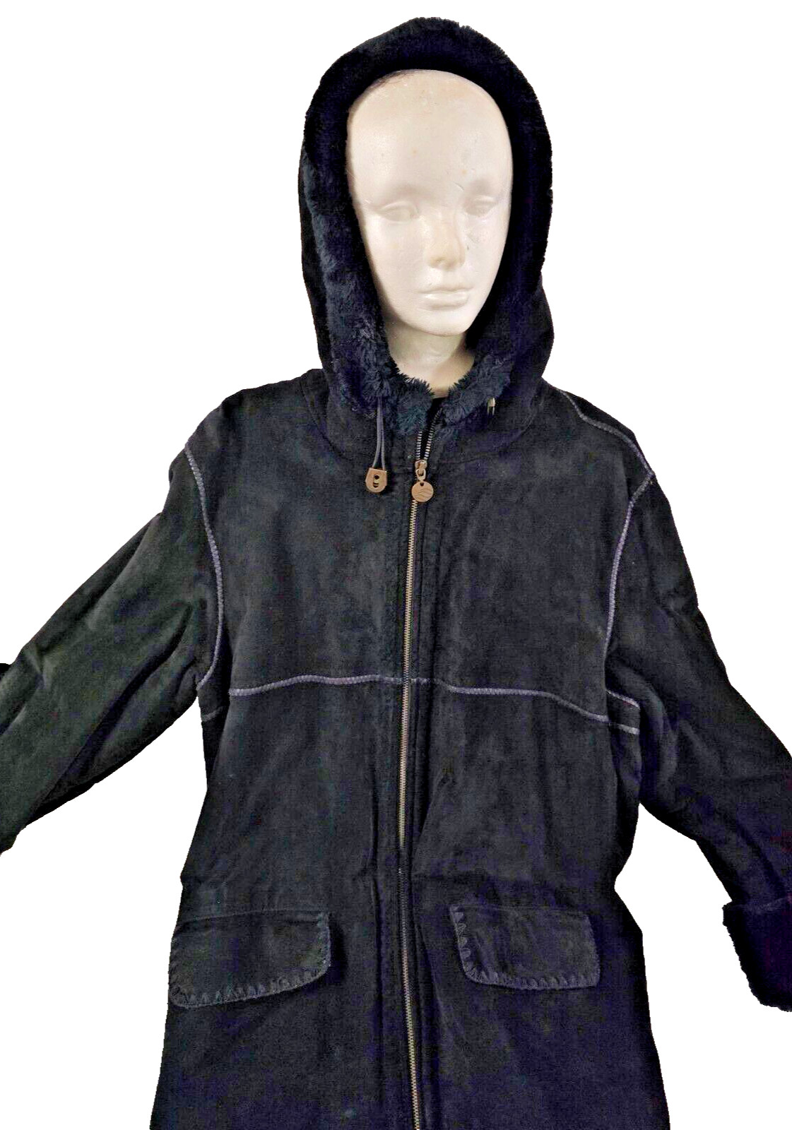SAG HARBOR Women’s Black Suede Fur-Lined Jacket / Zippered, with Hood / NEW!