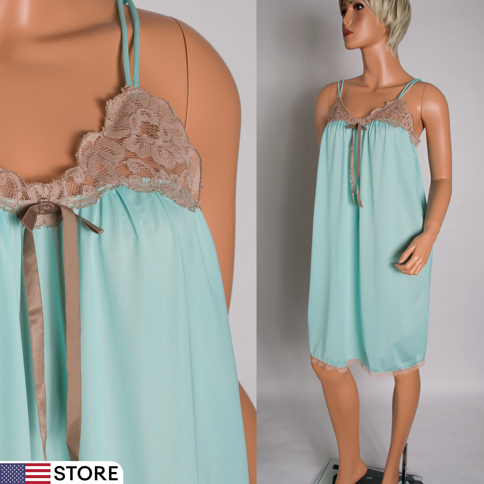 💖 AVIAN Seafoam Green Nylon Spaghetti Strap Nightgown Chemise S Lace Trim NWT