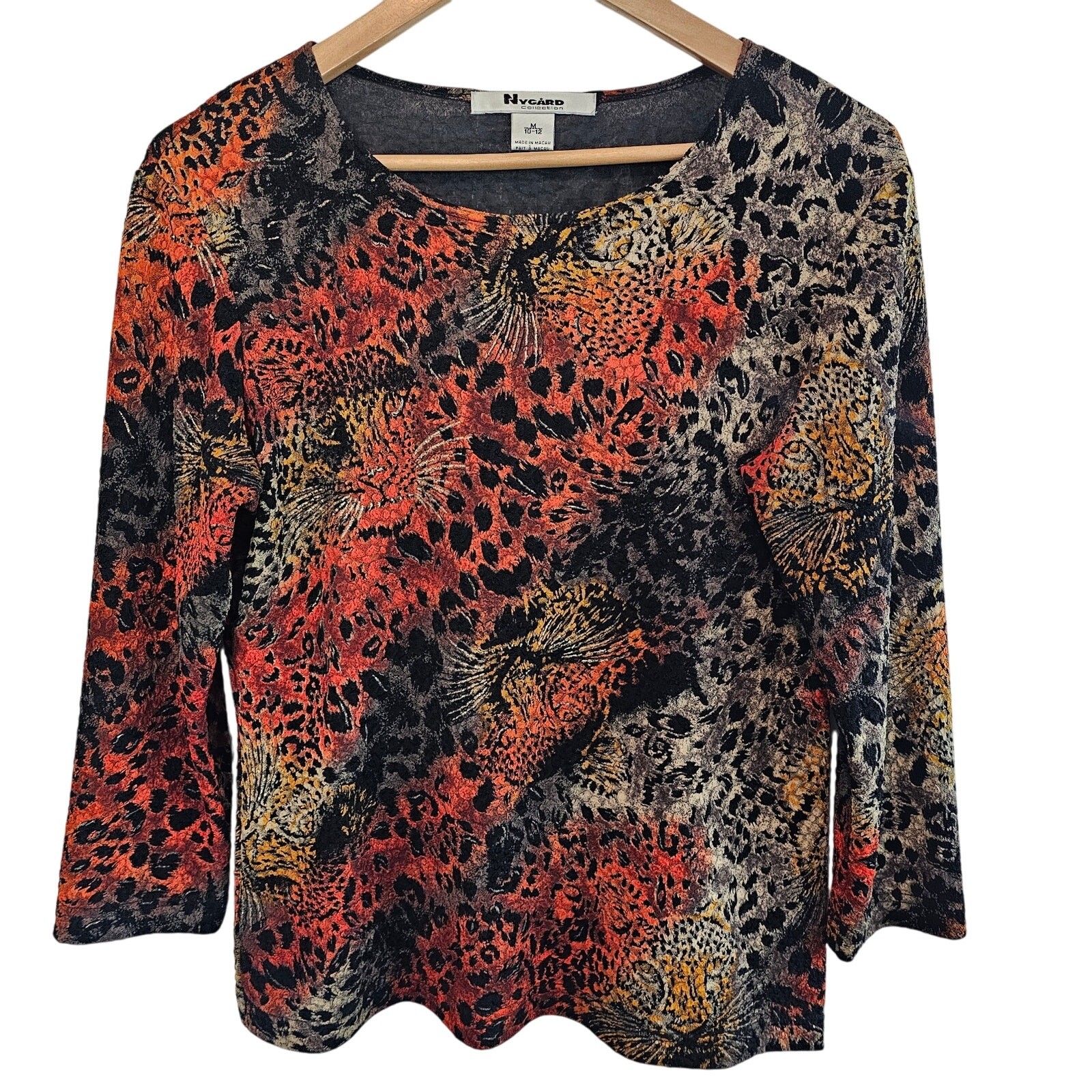 Y2K Nygard Womens Blouse Medium Orange Black Animal Print Jaguar Retro Indie Top