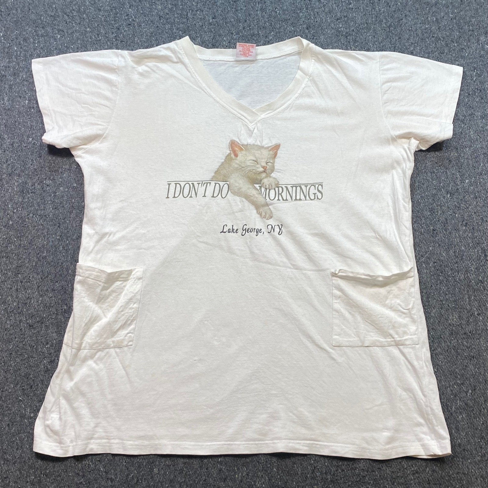 Yoffe I Dont Do Mornings Kitten TShirt Sz OS Womens White 90s Retro Lake George