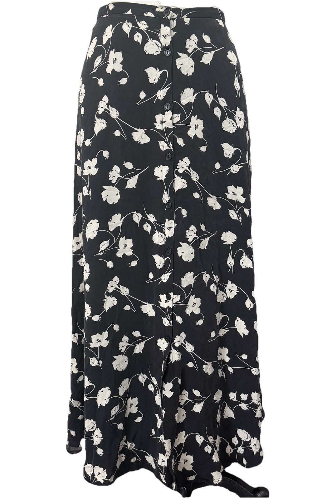 Ann Taylor 100% Silk Floral Button Front Midi Skirt Black Ivory Women Size 6 EVC