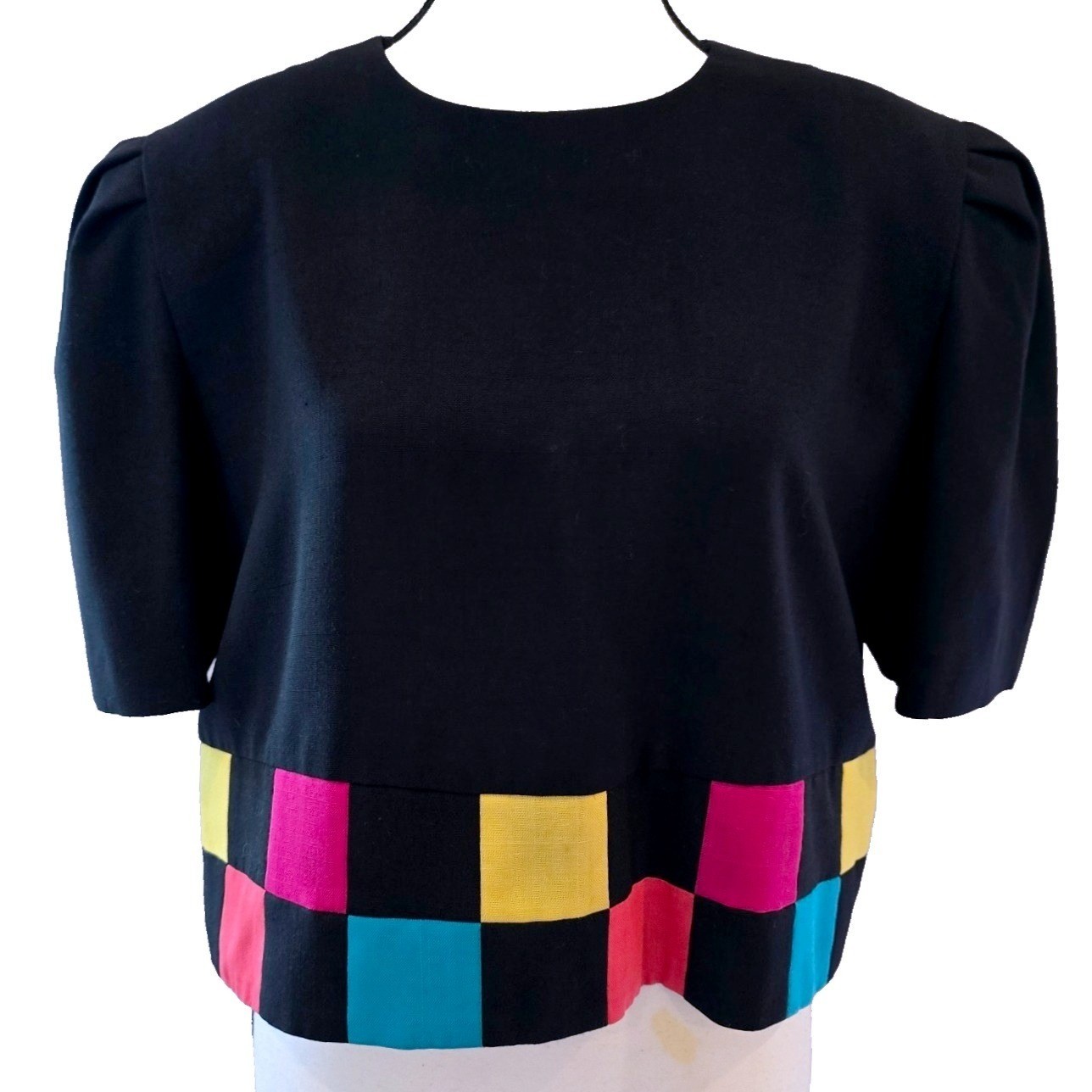 VTG Positive Attitude Blouse Womens M Colorblock Checkered Puff Crop Top 90s