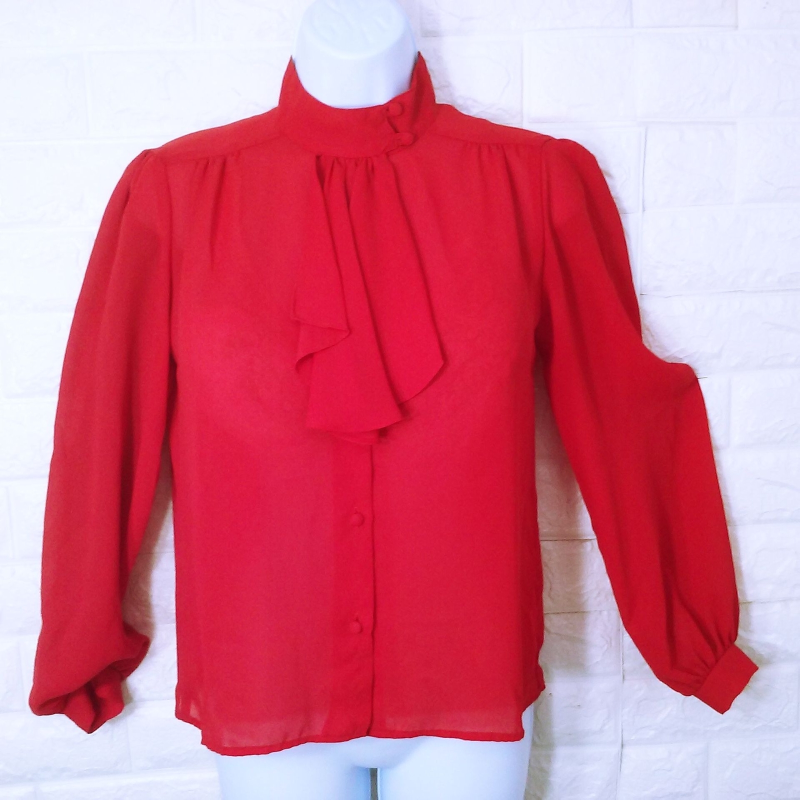 Vintage 80s Mariel High-Neck Cravat Blouse Top (6) Semi-Sheer Polyester Crepe