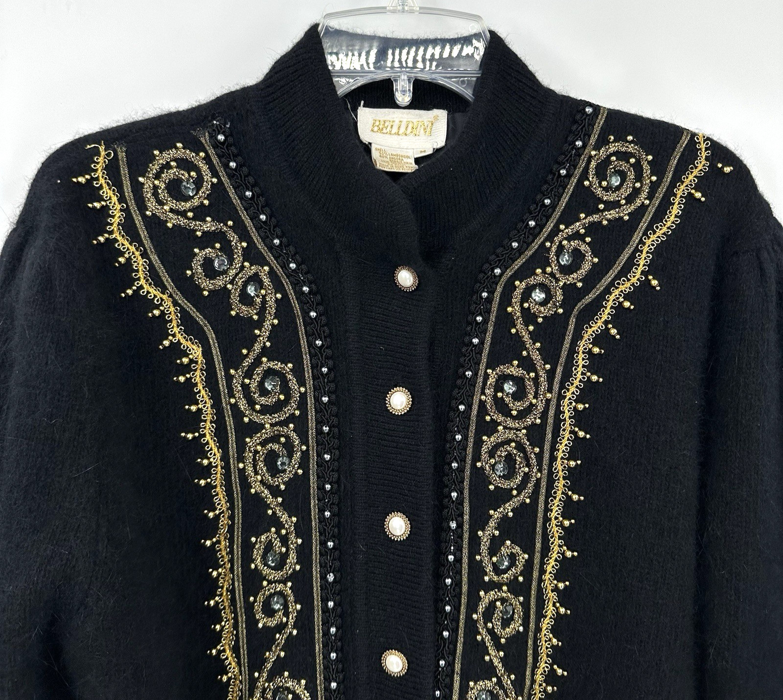 VINTAGE angora lambswool embellised cardigan sweater MEDIUM beaded old money