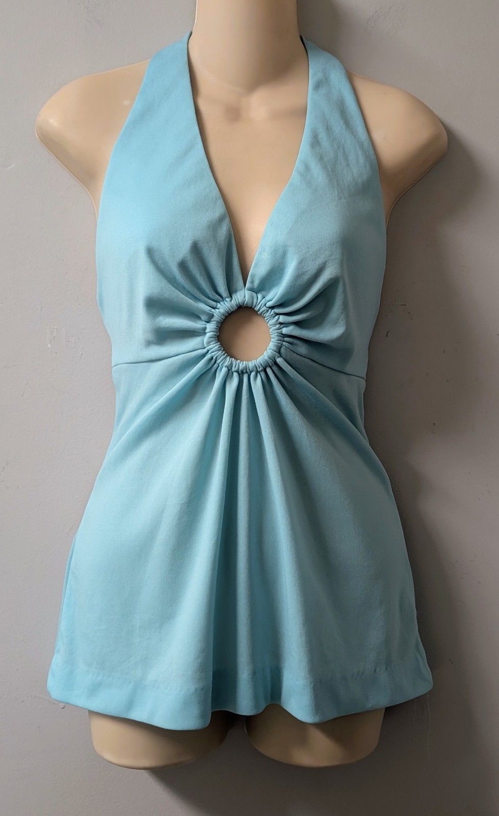 Vintage 70’s Aqua O-Ring Polyester Halter Top Lot Tag Hippie