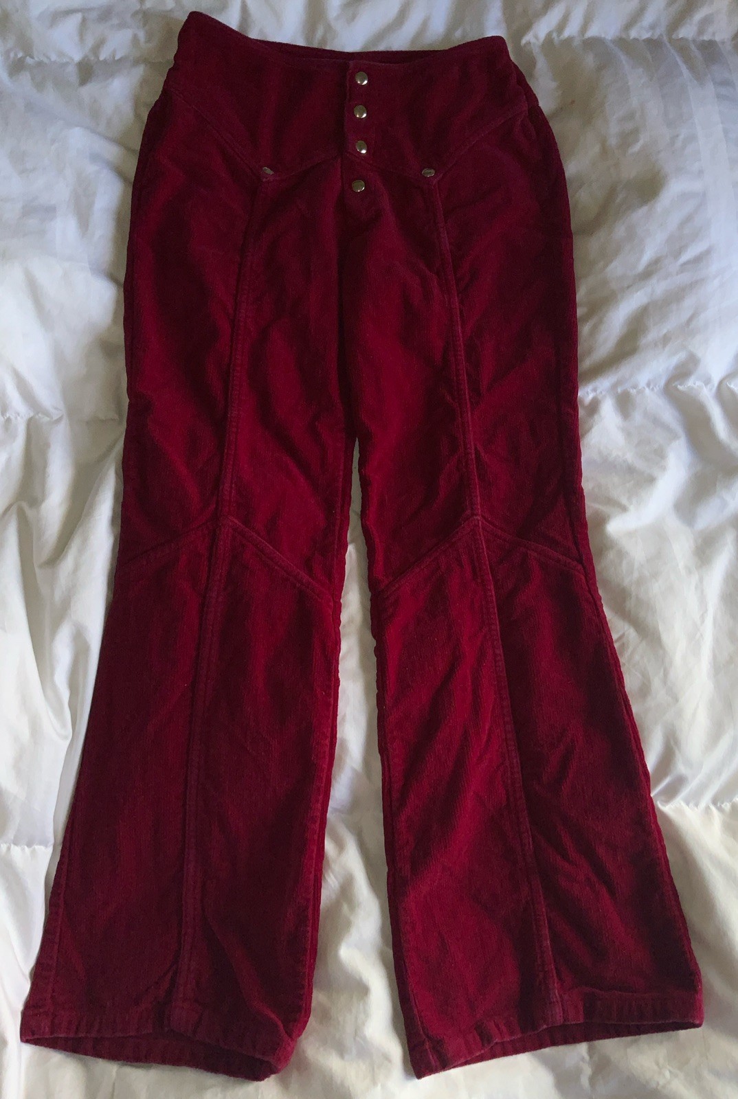Vtg 70s Deep Red HIP HUGGER Pants Jeans Corduroy Velvet Hippie Low Rise Small