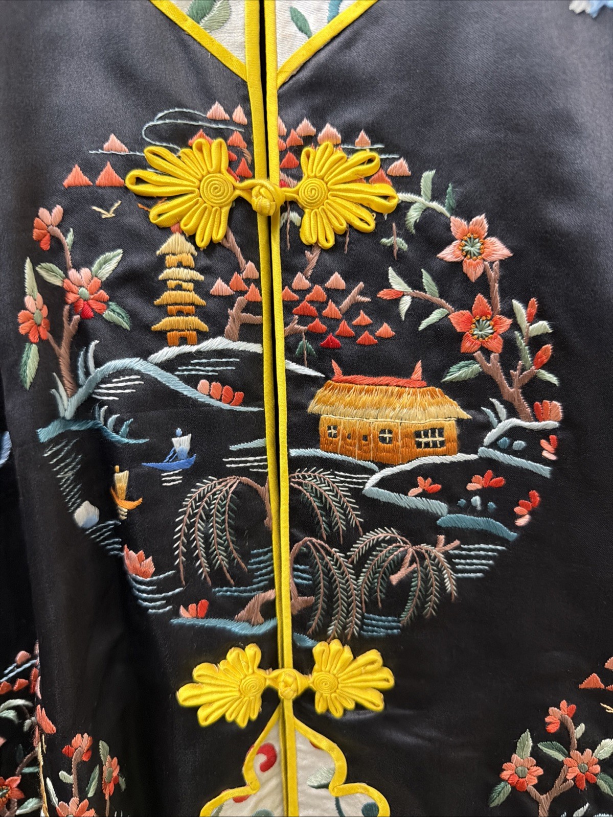 Vintage Esme Chinese Silk Blend Embroidered Jacket Robe Pajama Top Black Size M