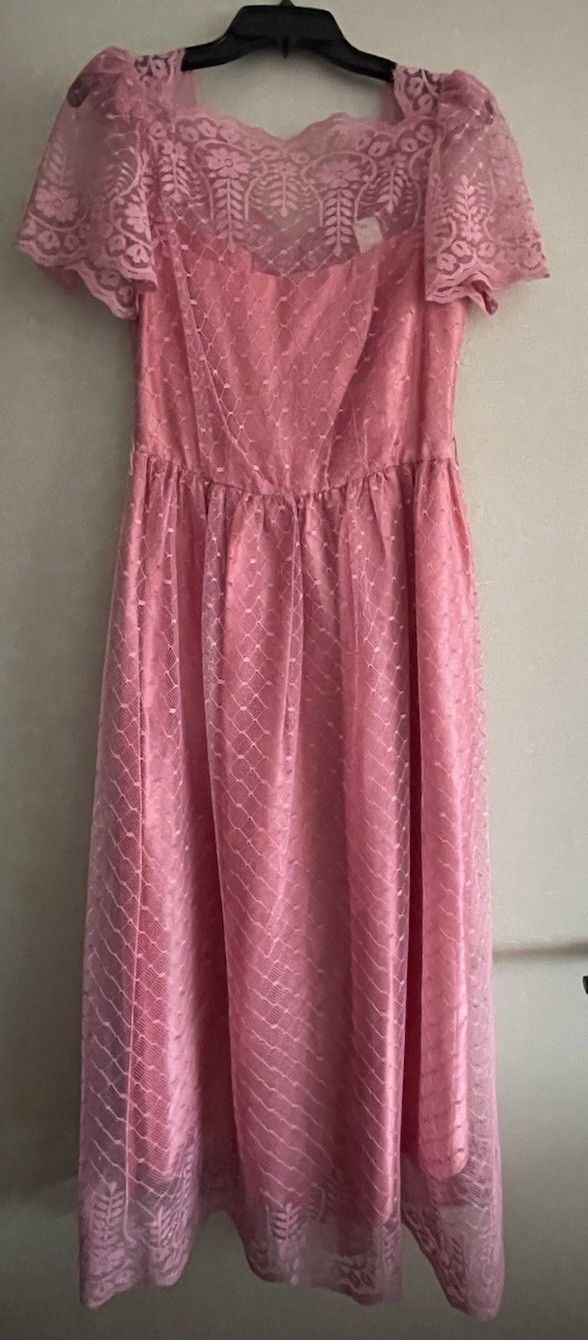 Vintage New Union Made J C Penney’s Prom Wedding Pink Rosette Lace Dress 9/10