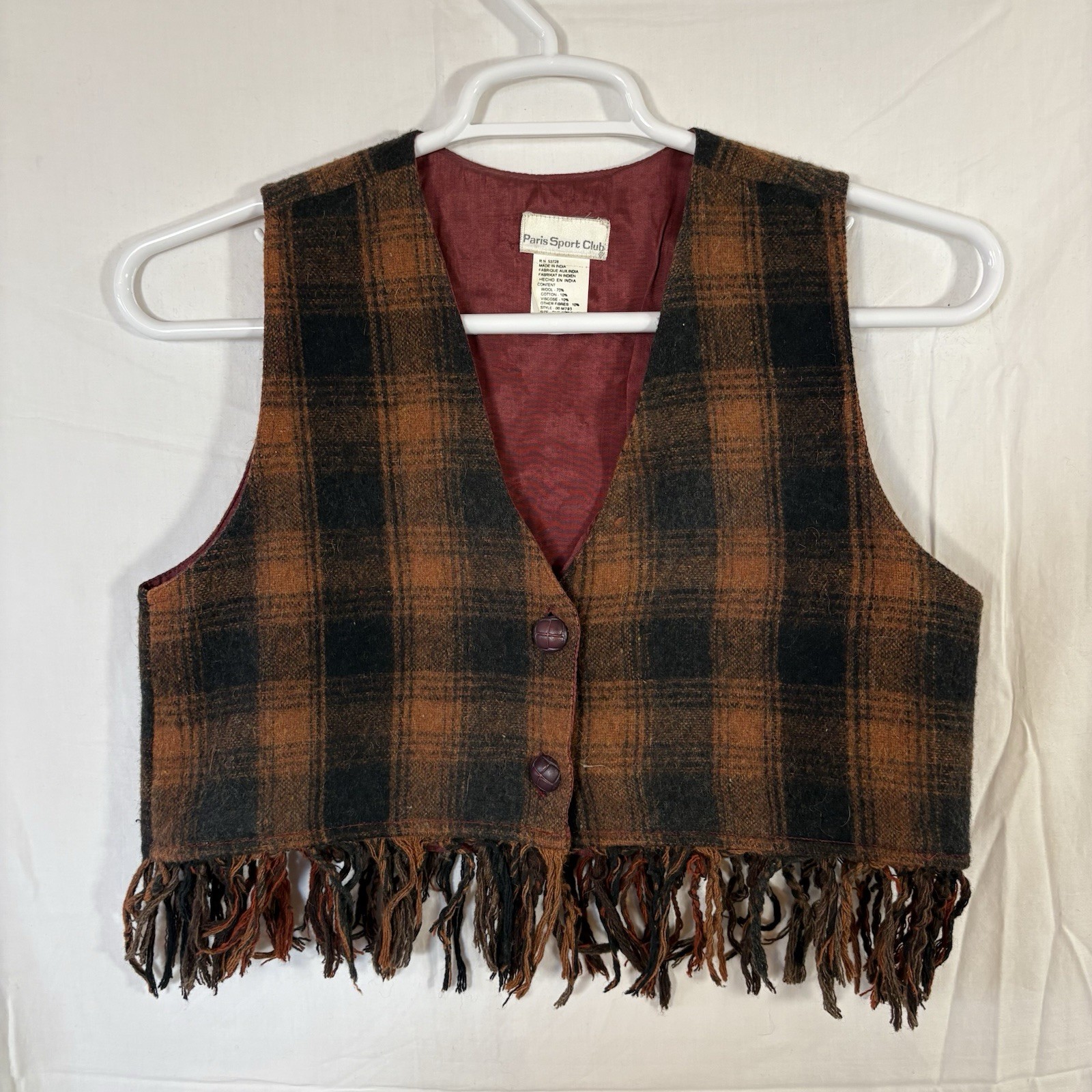 Vintage Paris Sport Club Woman’s Wool Blend Orange/Black Plaid Fringe Vest