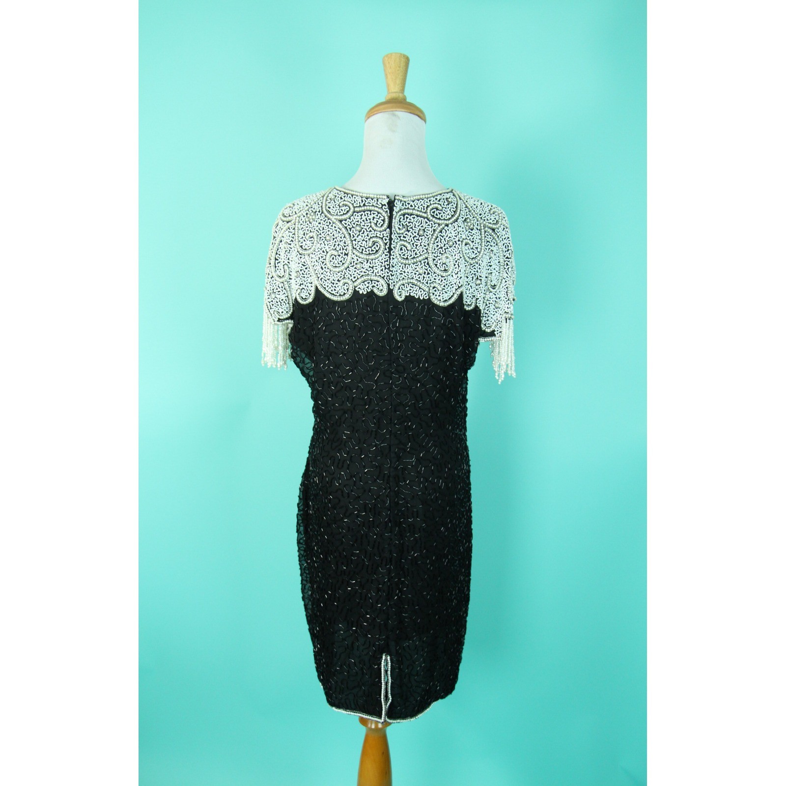 Vintage Scala Black Beaded Silk Dress White Pearl Bib Fringe Cocktail Sheath L