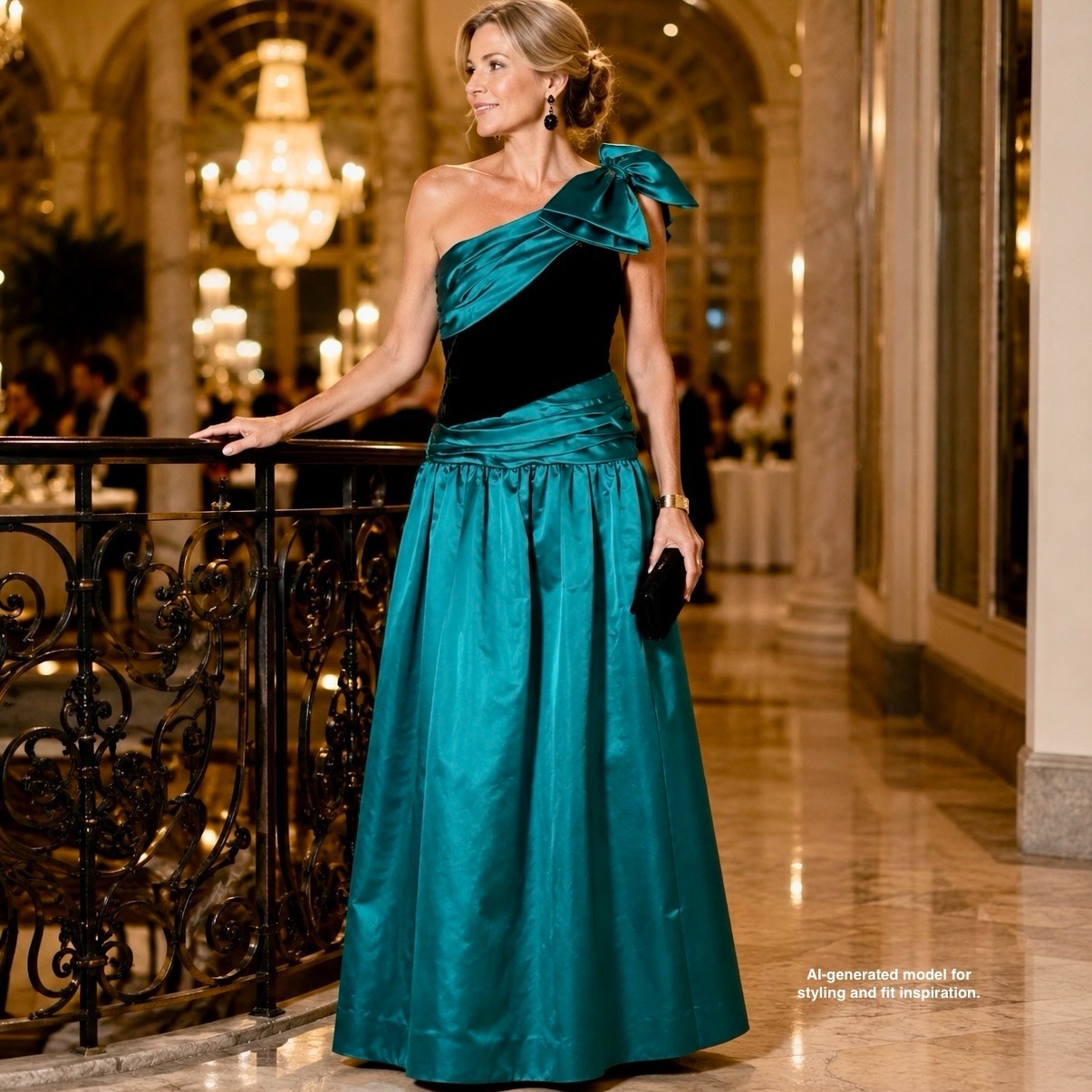 Nolan Miller Dynasty One Shoulder Teal Taffeta Formal Gown Bow Velvet Bodice 80s