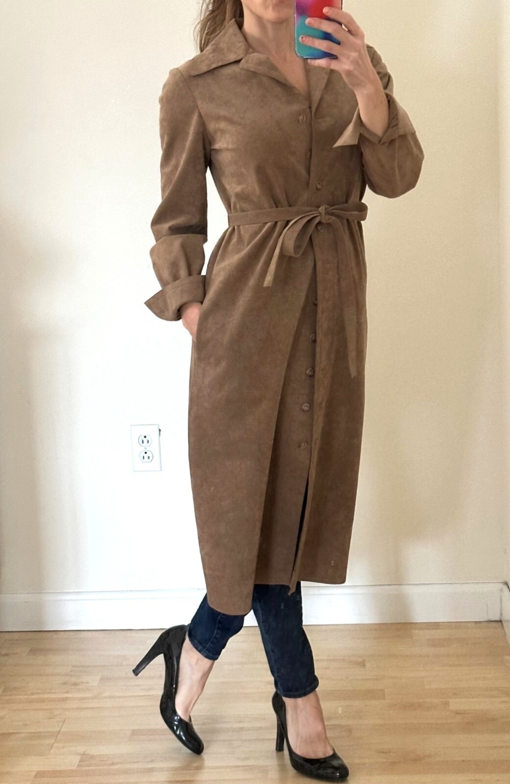 Vintage 70s Faux Suede Button Front Belted Jacket/Dress Sz S/M