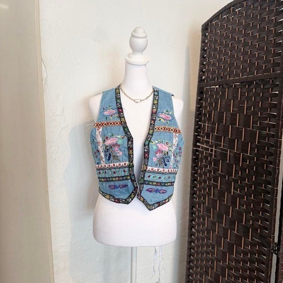 Vintage 90’s Embroidery Denim Floral Vest Women’s Spring Y2k Streetwear