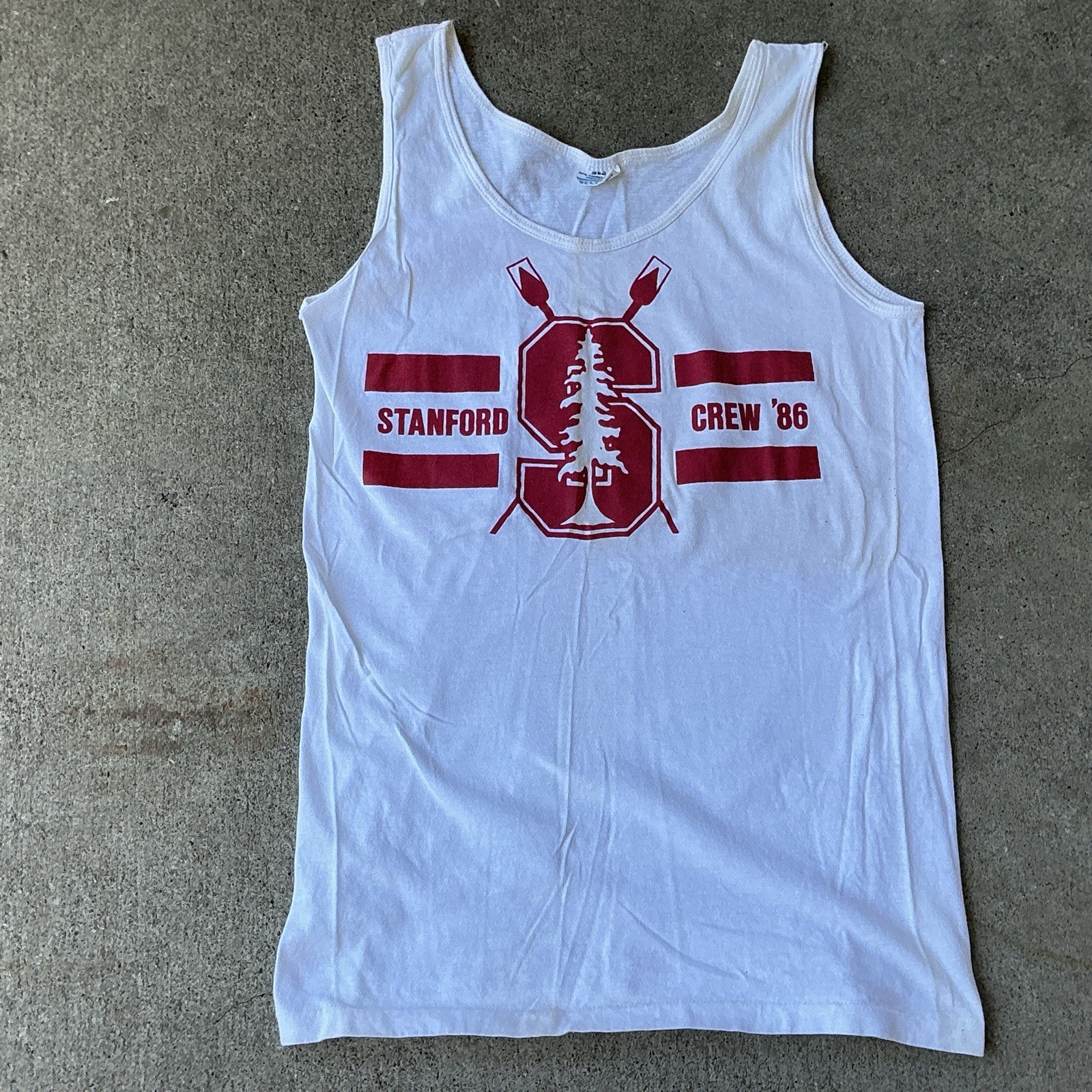 Vintage 80s BELTON 100% Cotton Tank Top STANFORD CREW 86 White Red Pre Shrunk