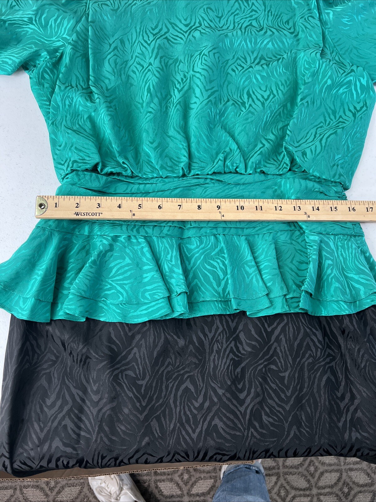 Vintage 1980s Silk Studio 100% Silk Green Black Peplum Dress Size 12 Petite