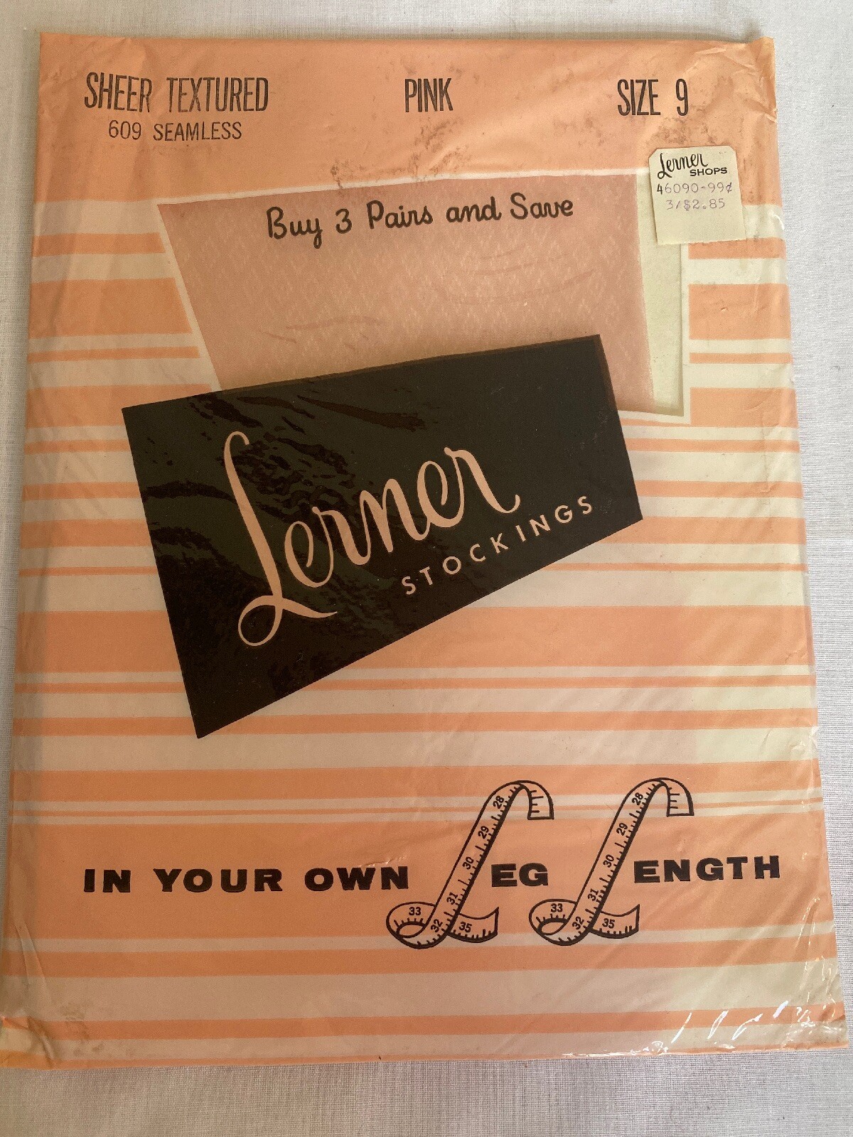 NOS Vintage Lerner Stockings 609 Seamless Sheer Textured Size 9 Nylon Pink