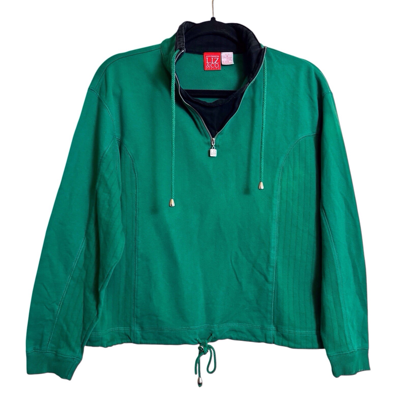 Vintage Liz Claiborne Petite Medium Green Cinched Drawstring Quarter Zip Sweater