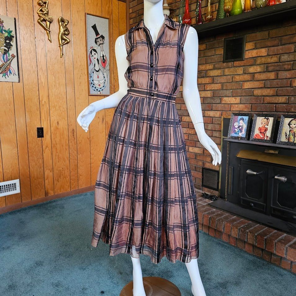 Vintage 40s 50s New Look Nathan Strong Plaid Full Skirt Shirtwaist Midi Dress S