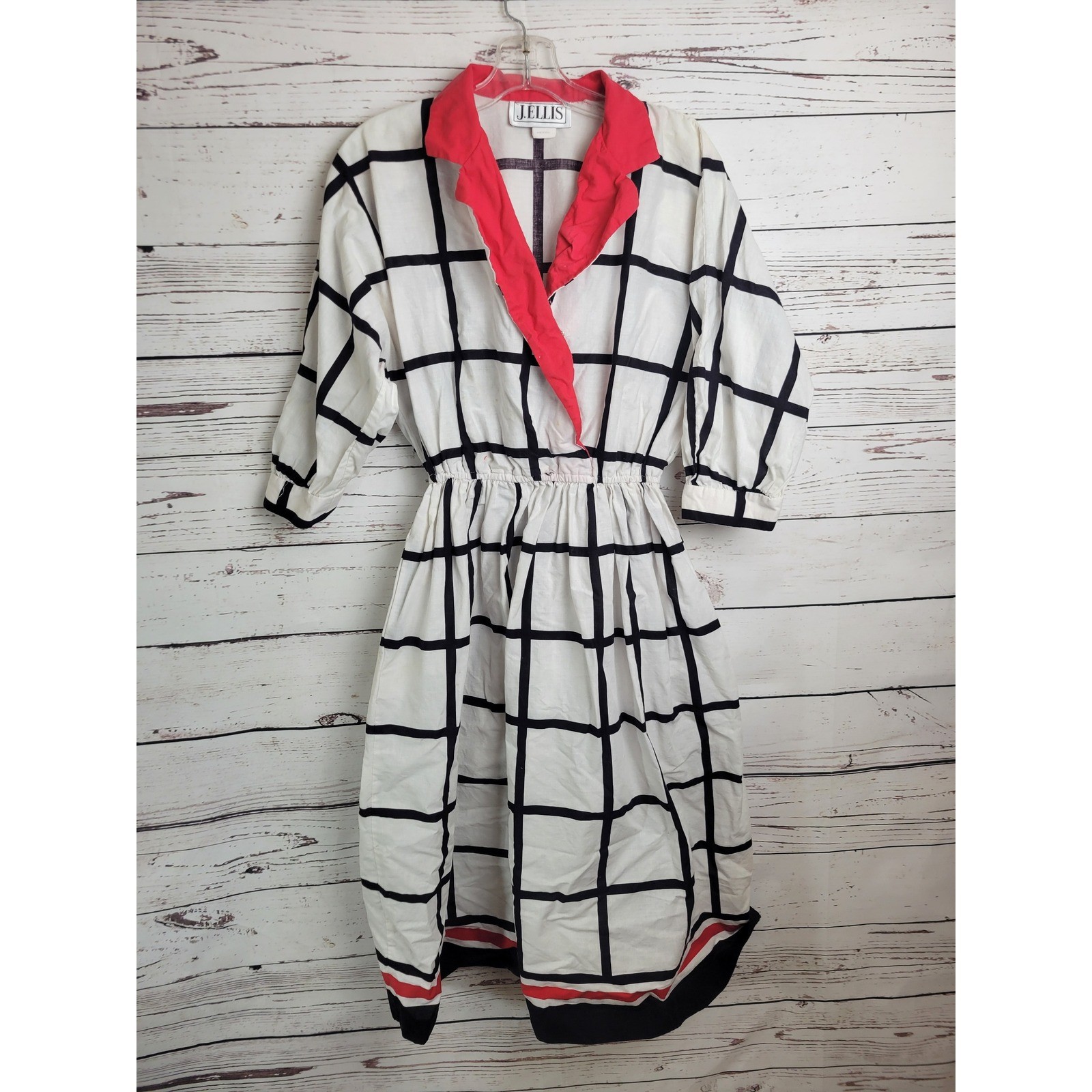 Vtg J. Ellis Dress Rockabilly White Black Red 80s Cotton Midi size 12