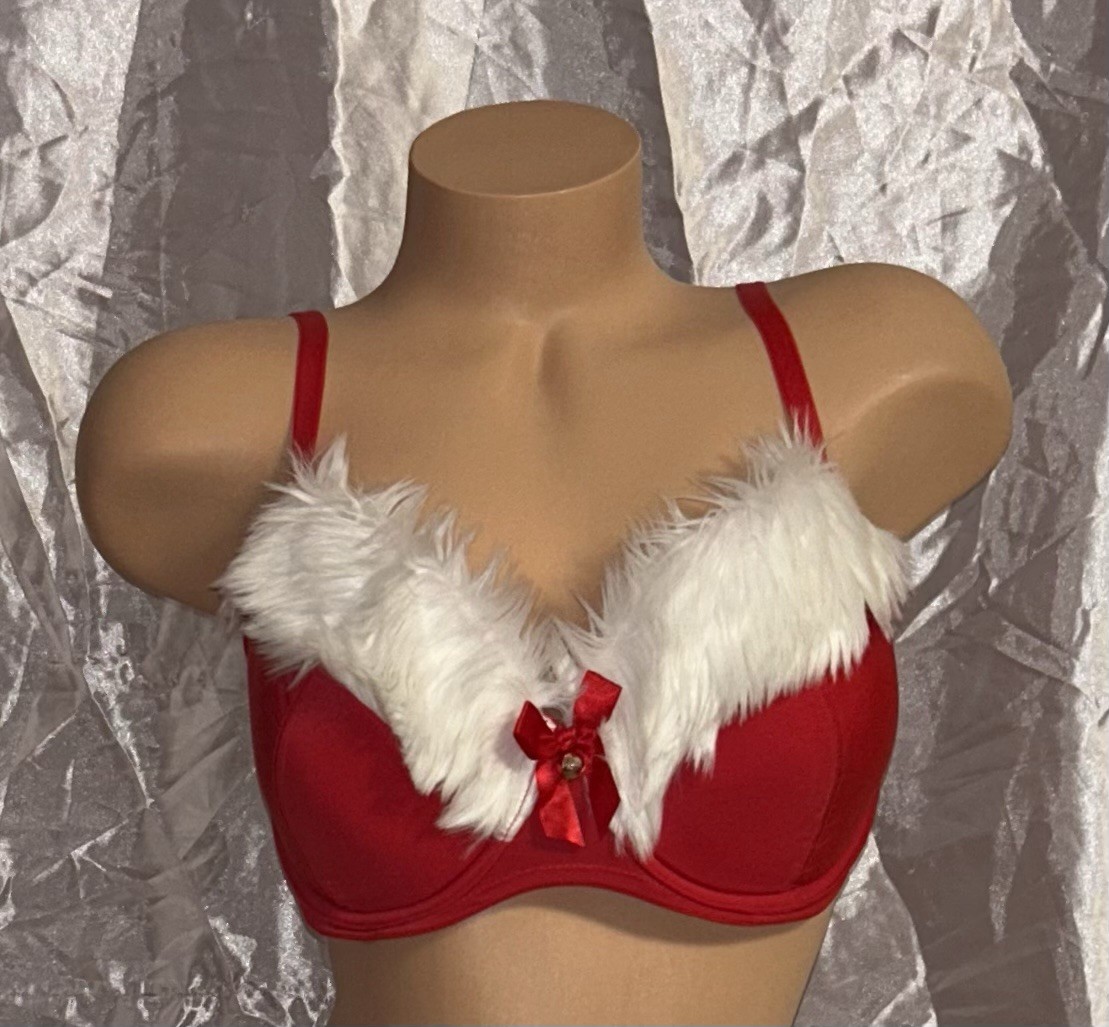ADORE ME Red Shiny Satin White Fur Trim Underwire Bra Women’s 34DDD NWOT