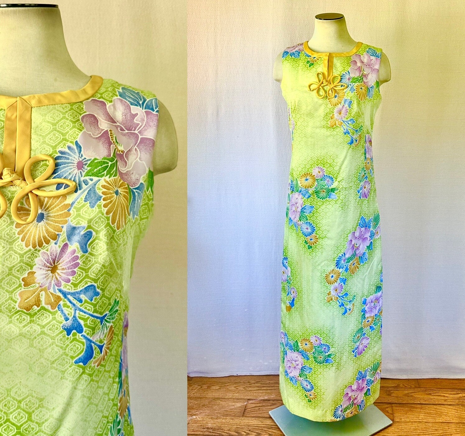 ELSIE KRASSAS Waikiki Vintage 1960’s Hawaiian Maxi Dress 38 Bust Green Plus