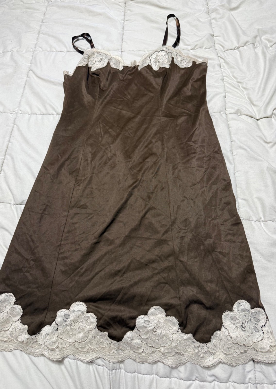 Women’s VANITY FAIR Vintage Chocolate Slip Lace Trim Sz36 SMALL Pre-Owned