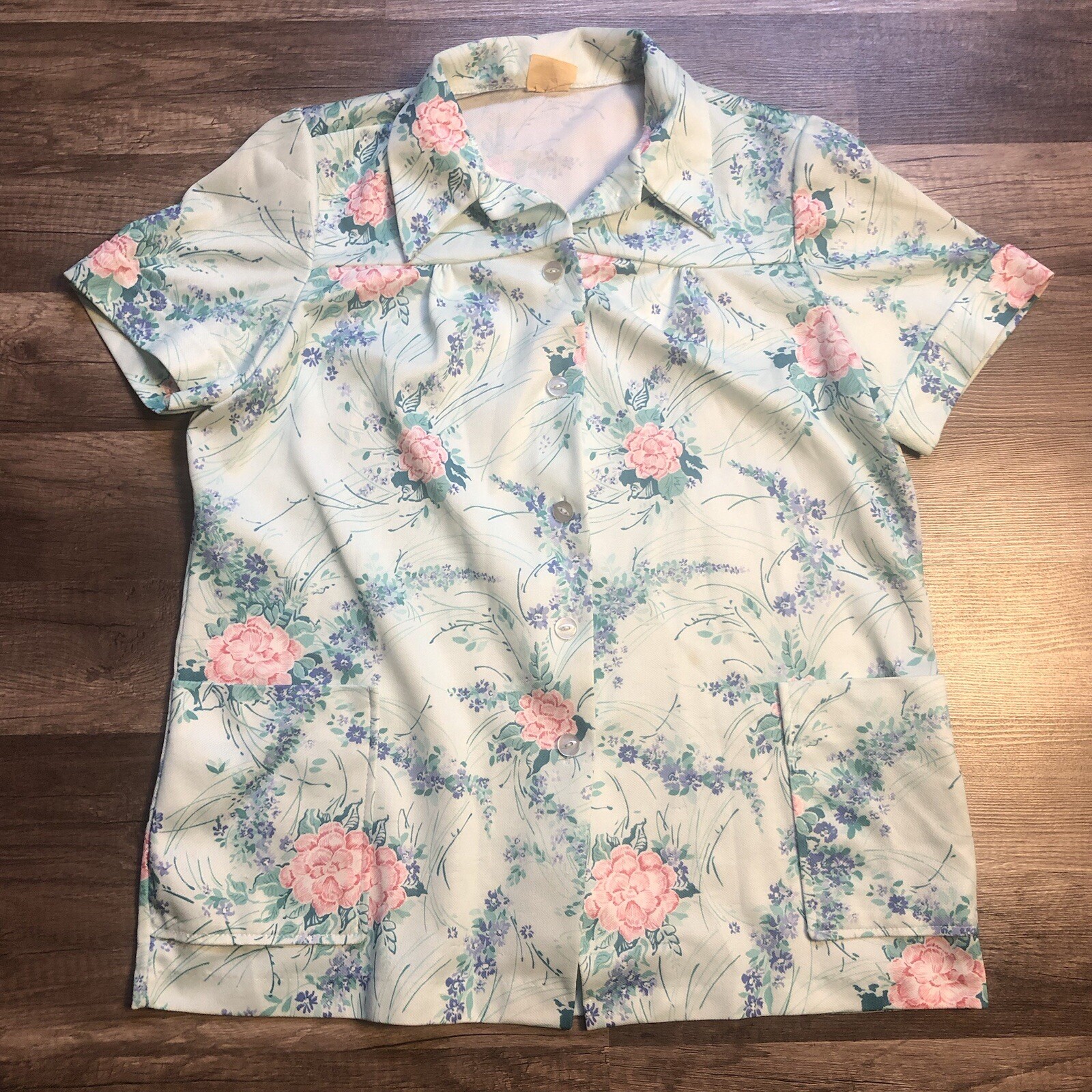 Vintage 60s Polyester Smock Shirt Womens M Blue Floral Short Sleeve Button Up