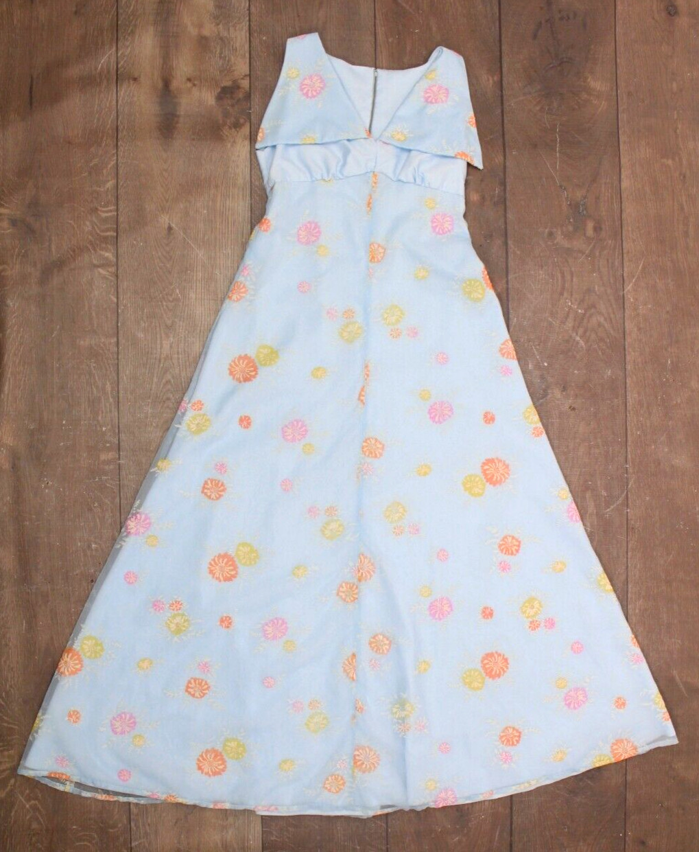 Vtg Women’s 70s Blue Maxi Dress W/ Pink & Yellow Floral Flocked Print 1970s Sz M
