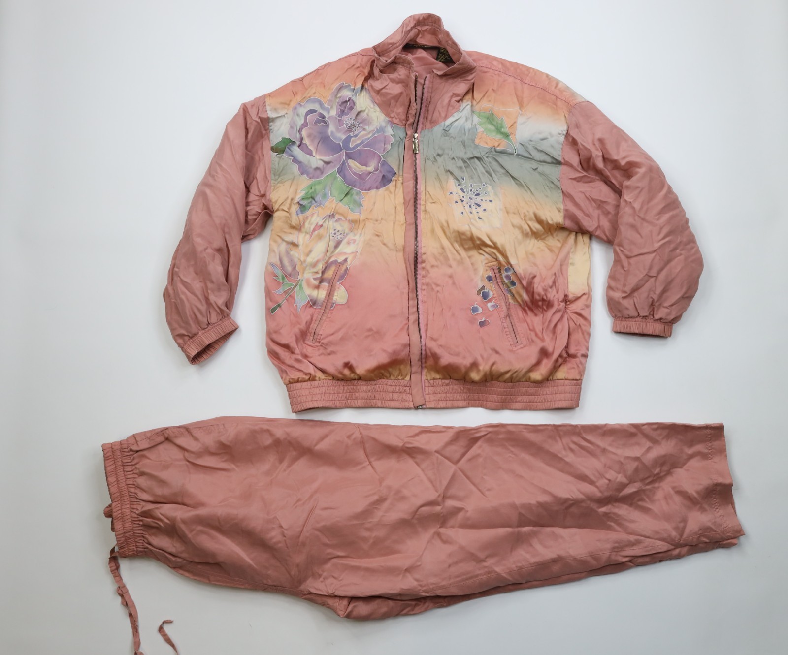 Vintage 90s Streetwear Womens Large 2 Piece Silk Flower Track Suit Outfit Set