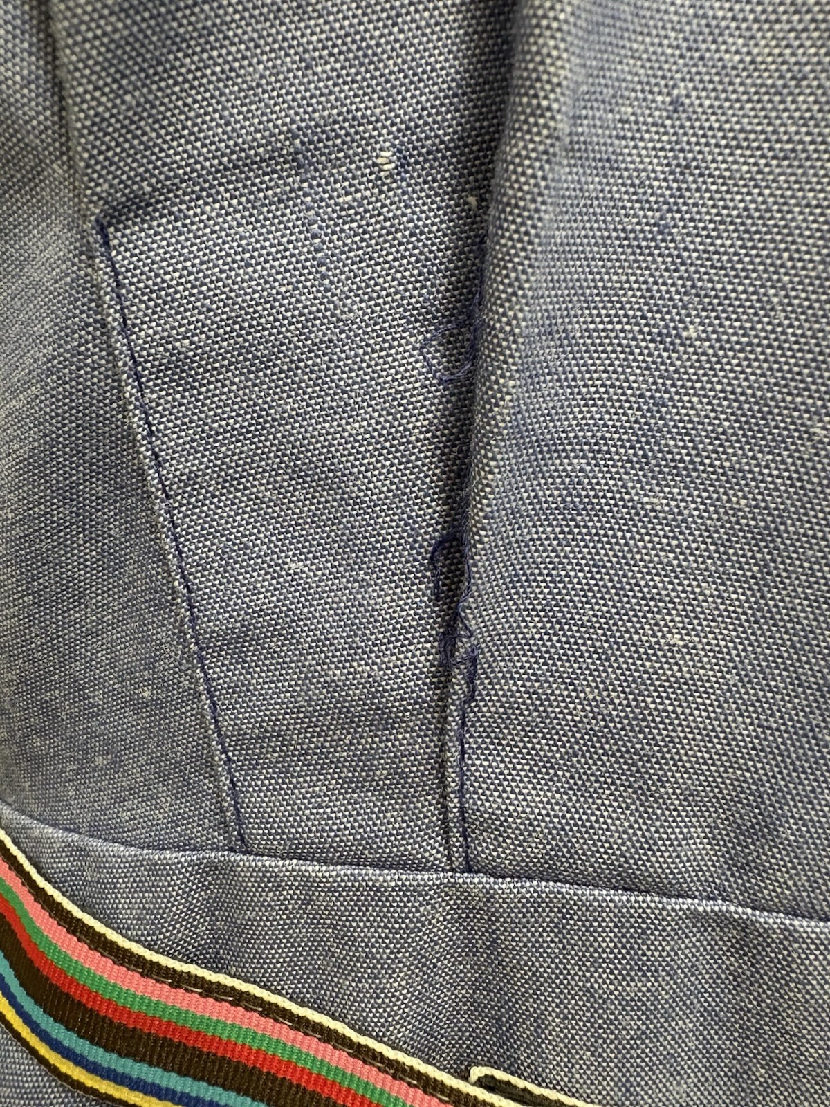 Vintage 70s Sears Fashions Chambray Safari Shirt Dress Belted Rainbow Trim