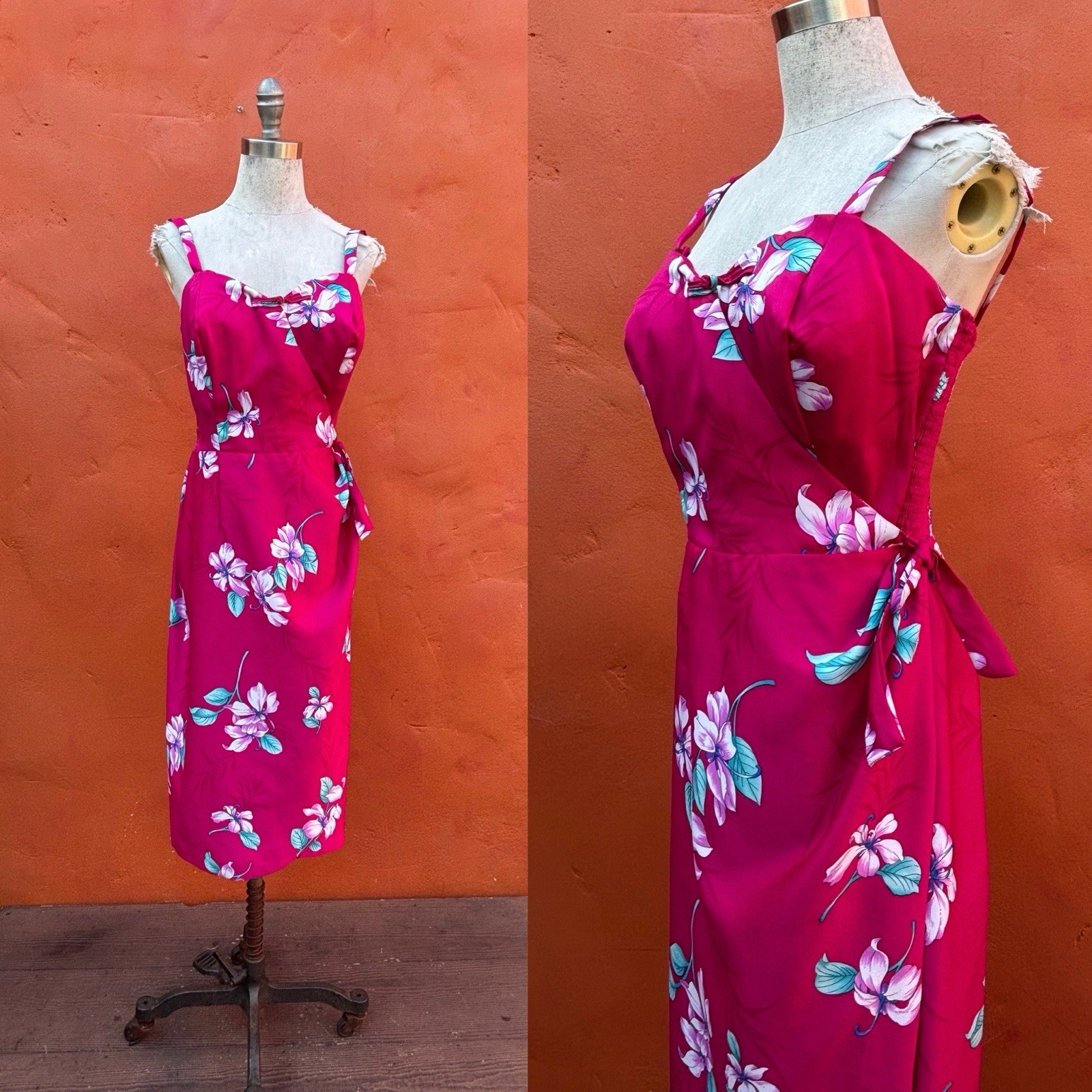Vintage Paradise Hawaii Sarong Dress Pink Tropical Aloha Tiki Cocktail Wiggle