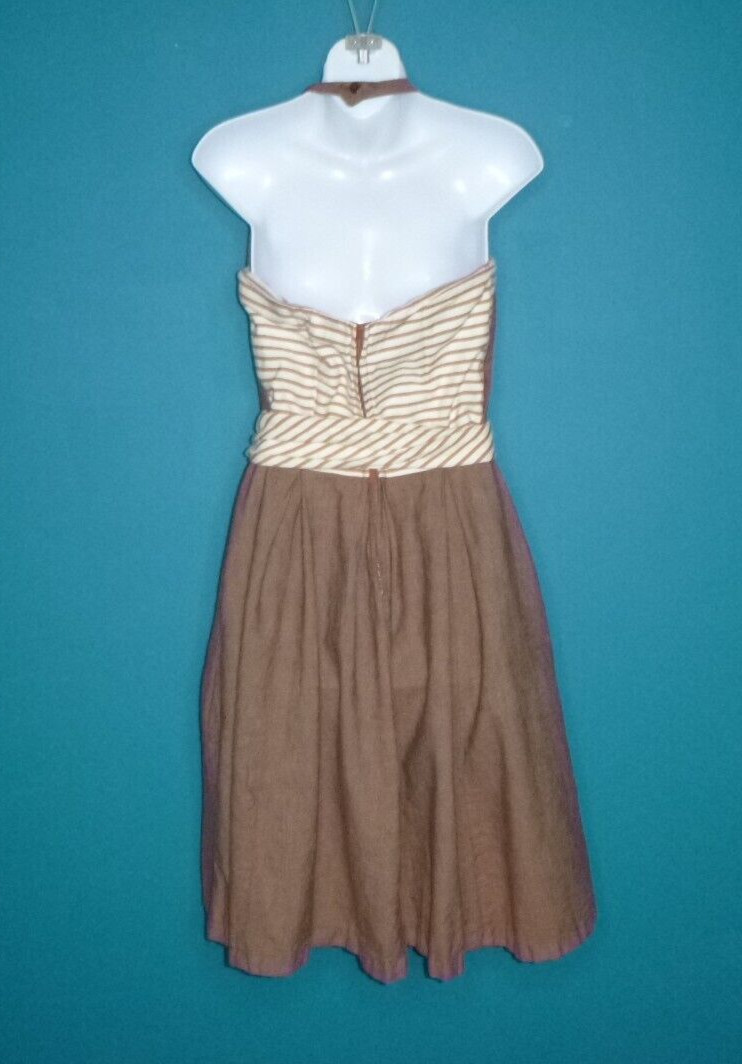 Vtg 60s junior House Brown Denim Halter Dress W/ Striped Top & Sash Sz S